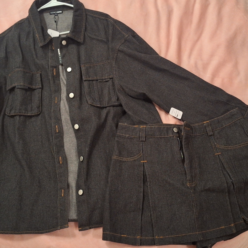Fashion Nova Black Denim Jacket and Skirt Set